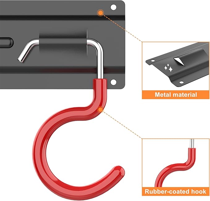TORACK Metal Wall-Mounted Garden Tool Organizer for Garage, Mop and Broom Holder, Yard Tool Storage Rack for Rakes, Shovels, Mops, Brooms (4 Rails, 16 Hooks)