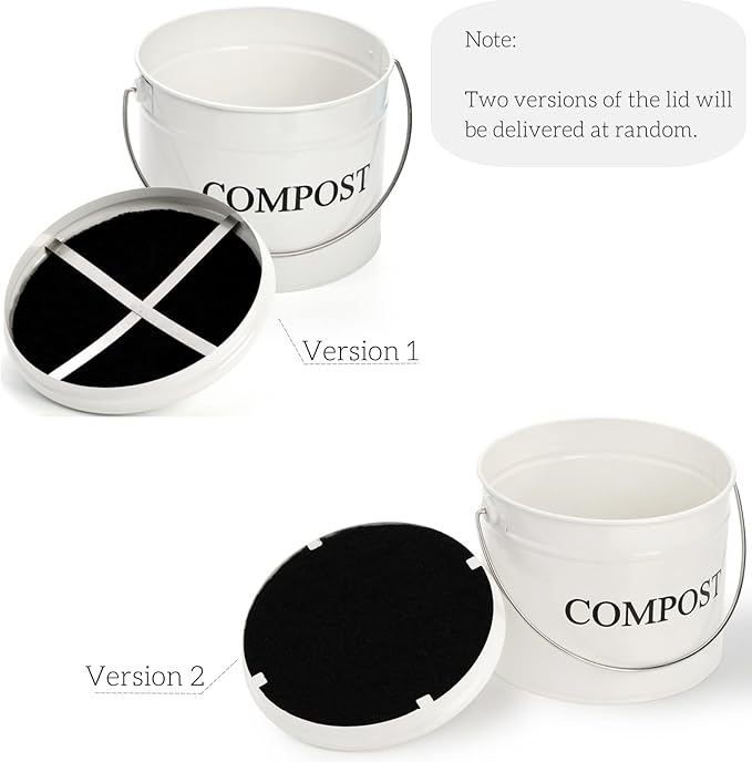 AVLA Compost Bin Kitchen Countertop, 1 Gallon Composter Pail, Food Waste Composting Bucket, Odorless Trash Keeper Container, White Scraps Caddy with Charcoal Filter, Carrying Handle, Lid