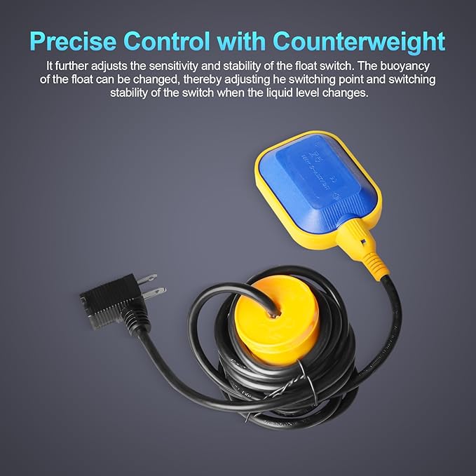 (With Counterweight) Sump Pump Universal Tethered Float Switch AC 15A 110~250V Piggyback Style Plug with 10 Feet Cord, Used in Sewage Pump, Water Tank, Septic Tank Pump, etc.