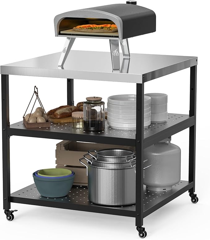 31.5” Pizza Oven Table for ooni Ninja Gozney Aidpiza BIG HORN, Modular Grill Cart for Blackstone Cuisinart Weber Char-Broil Royal Gourmet Pit Boss GasOne Griddle, Movable Food Prep Workcart Stand