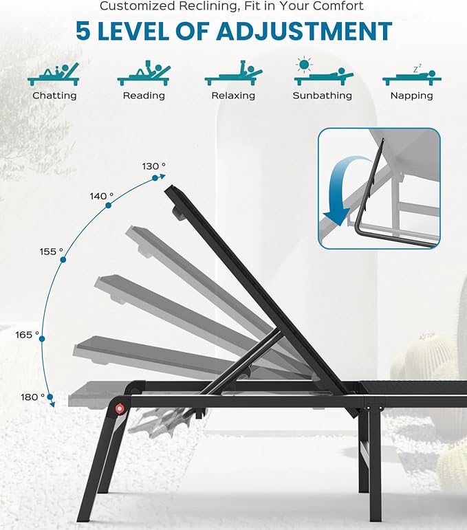 Pool Lounge Chairs Set of 2, Foldable Aluminum Chaise Lounge Outdoor with 5 Positions Recliner - Free Assembly - Patio Chaise Lounge Chair for Poolside, Beach, Yard (Black, 2 Pack)