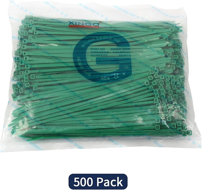 XINGO 8 Inch Green Cable Zip Ties (500 Pack), 40 Lbs Tensile Strength-Heavy Duty, Self-Locking Nylon Plastic Nylon Wire Ties for indoor and outdoor use