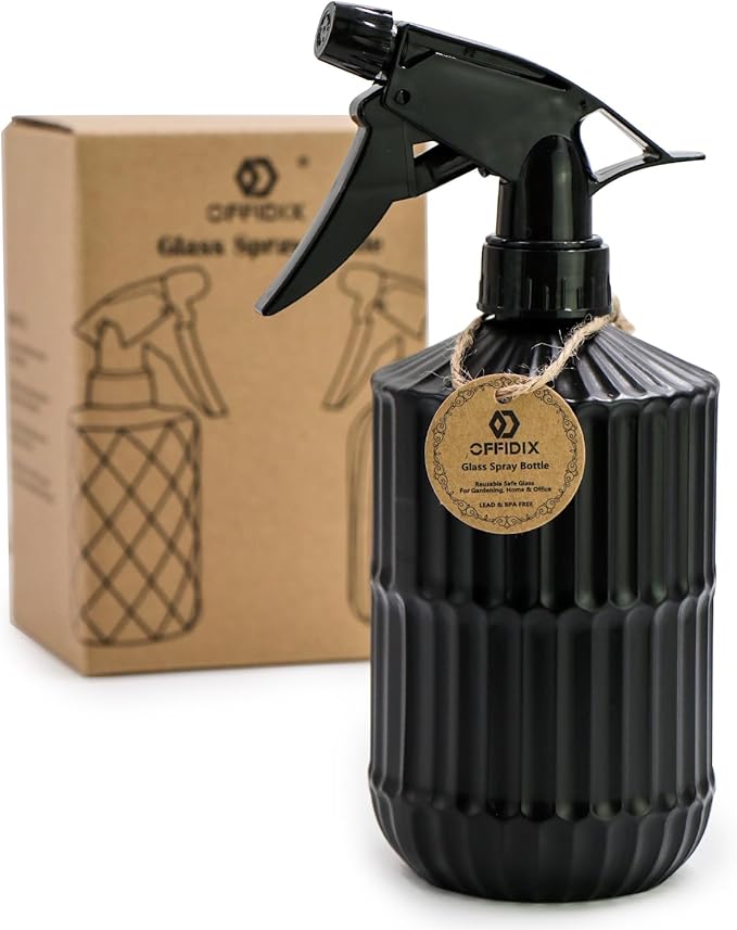 OFFIDIX Glass Spray Bottle, Pressure Watering Can, Indoor Plant Mister, Adjustable Nozzle Watering Glass 0.45L/15.22oz Spray Bottle for Garden Plants Cleaning Solutions (Black)