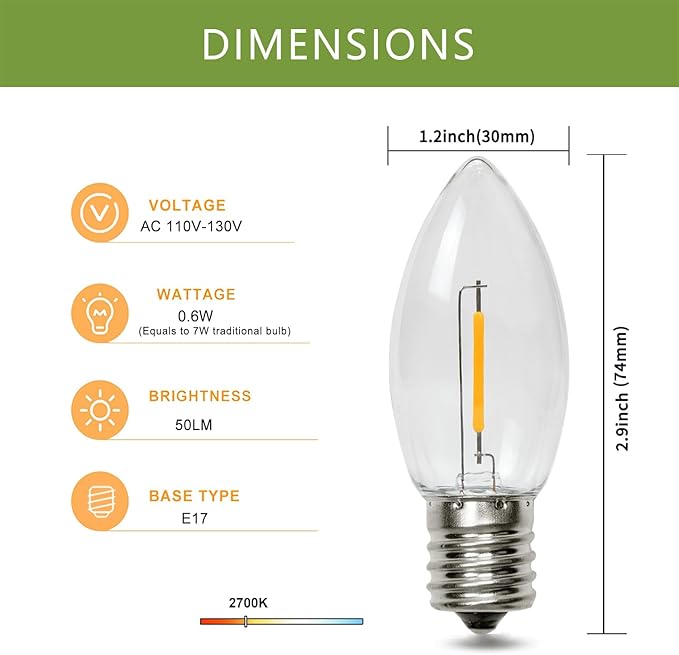 25 Pack C9 LED Replacement Christmas Light Bulbs, Soft White 2700K Waterproof Shatterproof Outdoor String Lights Vintage LED Filament Bulb, E17 Base, Commercial Grade Holiday Decoration Bulbs