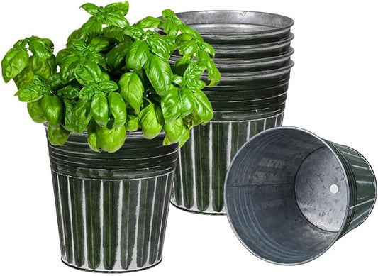 vensovo 6 Inch Dark Green Metal Rustic Flower Pots - 6Pcs Medium Galvanized Planters with Drainage Hole and Rubber Plug, Rustproof Metal Bucket Plant Pots Farmhouse Vintage Style for Decor
