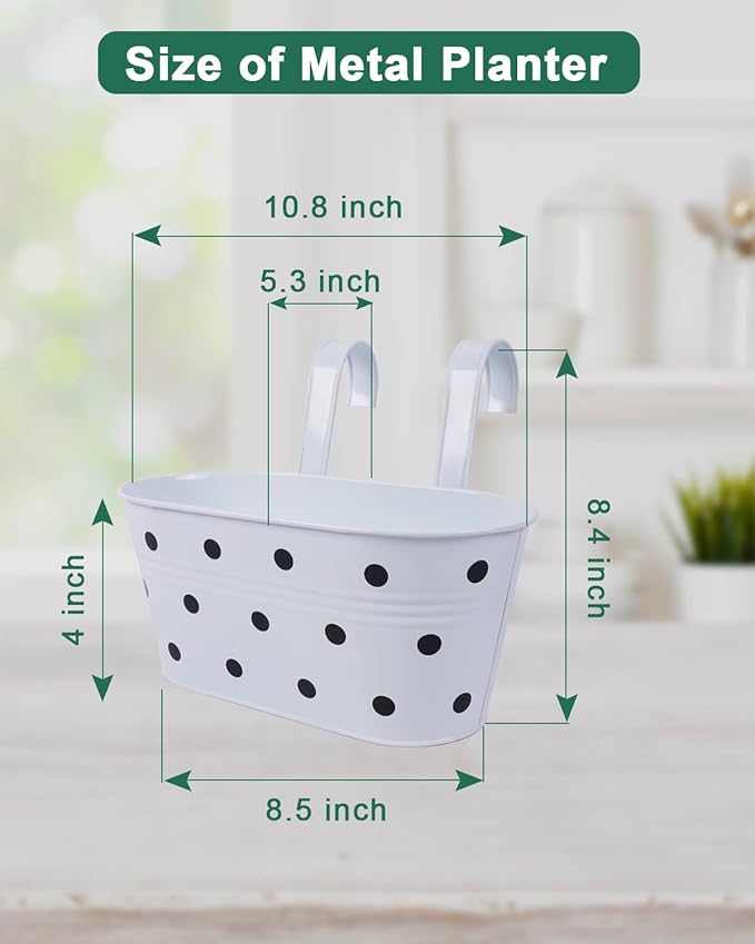 vensovo Metal Railing Planter for Outdoor Plants - 3 Pack Balcony Hanging Flower Pots with Detachable Hooks and Drain Holes Oval Bucket Rail Box Fence Planters for Home Garden Decor, White with Spot