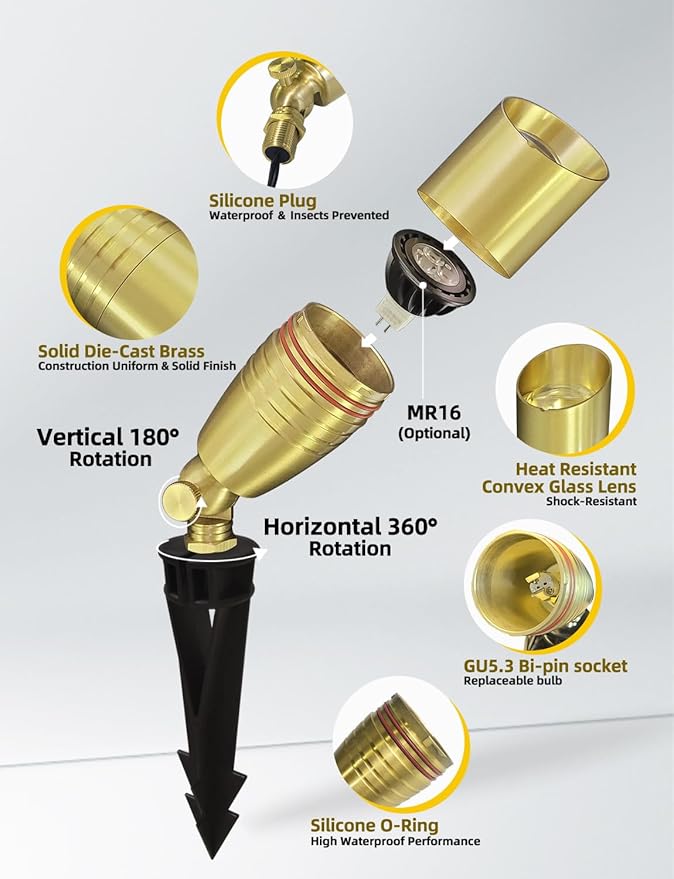 COLOER Die-cast Brass Landscape Spotlight 6-Pack Without Bulb,12V AC/DC Low Voltage Copper Outdoor Lighting with Ground Stake, Directional Garden Patio Spot Up Light (102B Brass Finish)