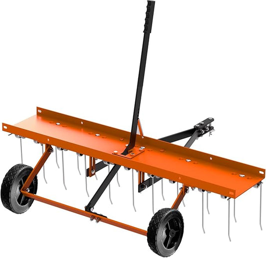 40inch Tow Behind Dethatcher with 20 Spring Steel Tines, Lawn Tractor Rakes with Lift Handle, Tow Behind Rake to Remove Thatch, Riding Lawn Mower Attachments for Outdoor Yard Tools Lawn Care