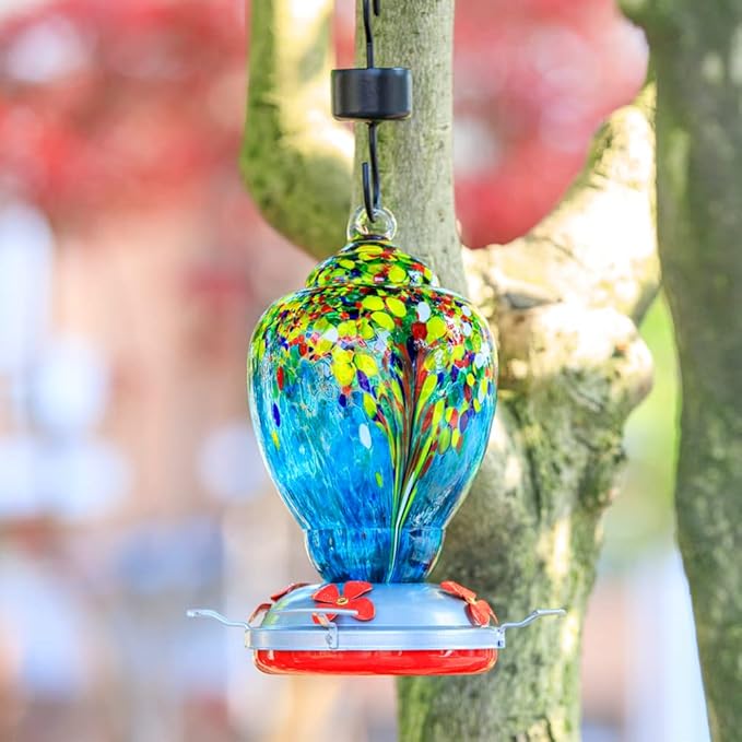 WOSIBO Hummingbird Feeder for Outdoors Patio Large 32 Ounces Colorful Hand Blown Glass Hummingbird Feeder with Ant Moat Hanging Hook, Rope, Brush and Service Card (Blue-White)