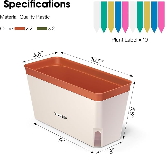VIVOSUN Self-Watering Planters, 4-Pack 10.5 Inch Compact Rectangular Window Herb Planter Box with 10 PCS Plant Labels, Plant Container for Basil, Flowers, Succulents, Indoor & Outdoor