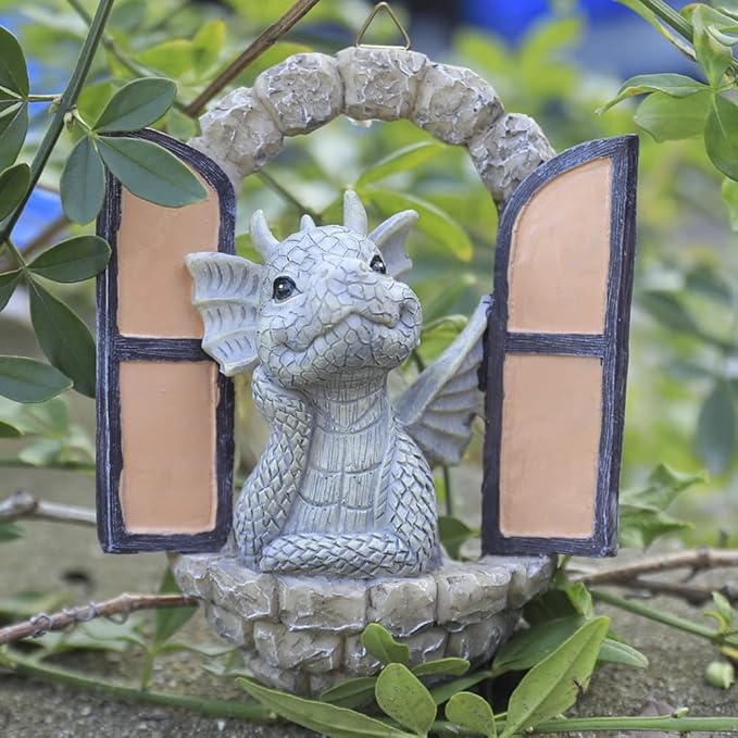 Dragon Garden Ornament Resin Craft Ornament Statue Fairy Door Yard Art Outdoor and Garden Solar Light Luminous Sand Open Door Dragon Wall Statue Outdoors Decor (Eye to Eye)