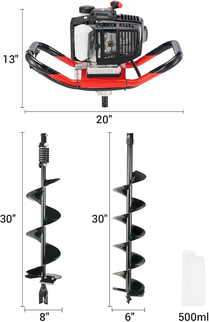 Post Hole Digger 52cc 1400W with 2 Earth Auger Drill 6"& 8" Bits, Auger Gas Powered Heavy Duty for Tree Planting Fence Gardening Ice Auger
