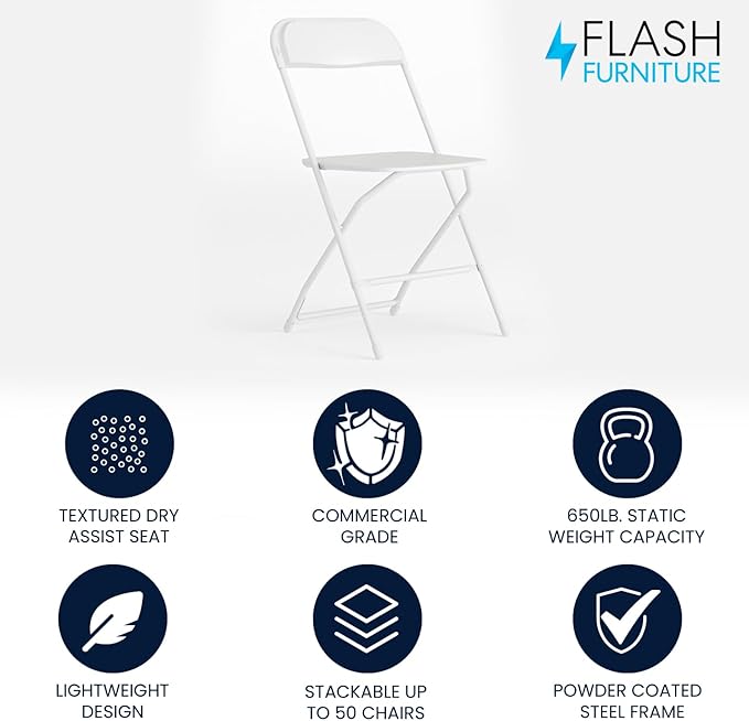 Flash Furniture Hercules Series Plastic Folding Chair - White - 650LB Weight Capacity Comfortable Event Chair - Lightweight Folding Chair