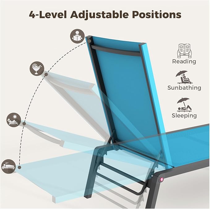 Patio Chaise Lounge Set of 2 with 4 Adjustable Backrest, Foldable Aluminum Chaise Lounge Chair Recliner for Outdoor, Poolside, Sun Tanning Blue