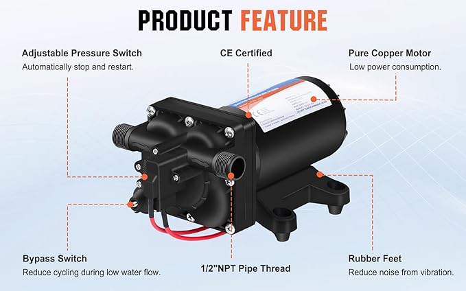 YOUNGTREE RV Fresh Water Pressure Pump 12V 5.5GPM 70PSI, On Demand Self Priming Water Pump 12Volt include 3/4" Garden Hose Adapters for Yacht Agricultural Irrigation Spraying Kitchen
