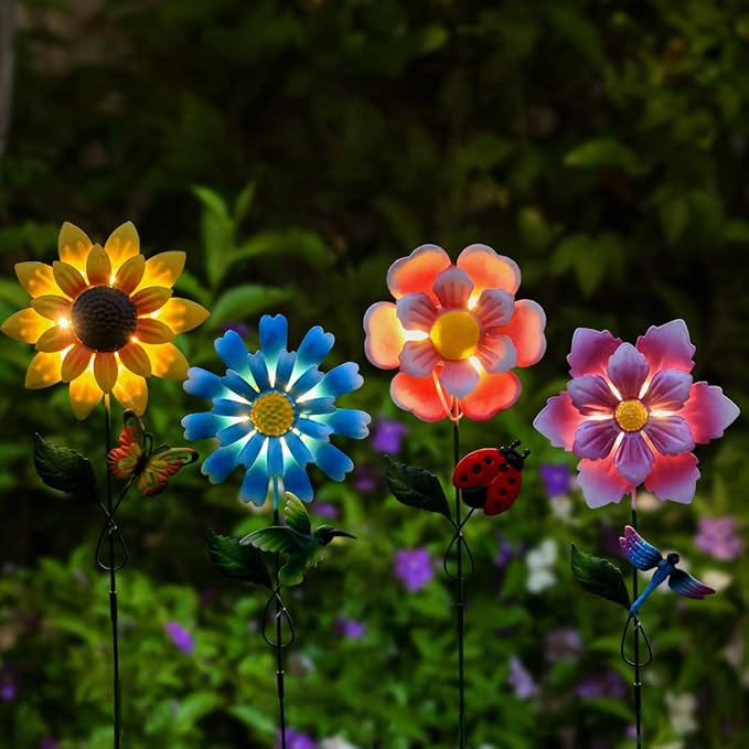 4 Pack Outdoor Solar Lights,Outdoor Waterproof Metal Art Stick Flowers,Garden Decor for Women Mom Grandma Halloween Hanging Metal Stakes Lights for Garden,Lawn,Patio