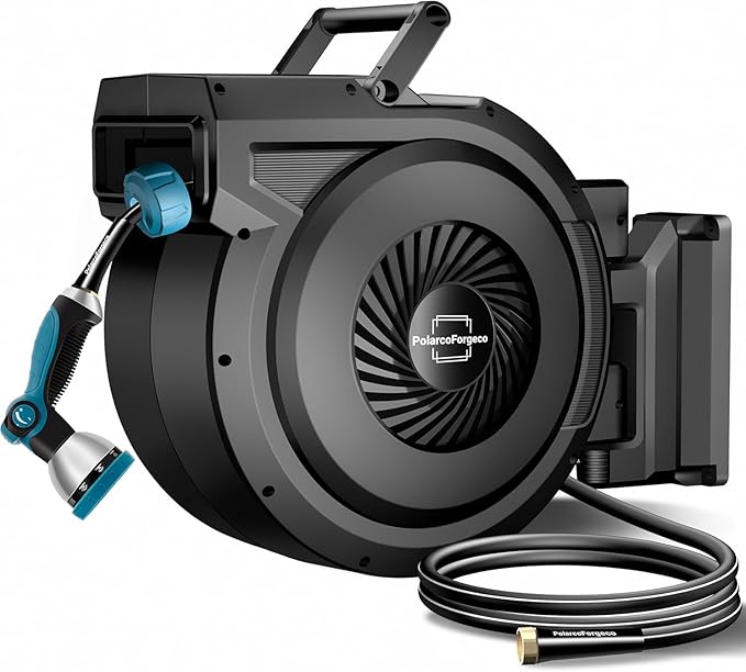 Retractable Garden Hose Reel - 5/8 inch x 60 ft Wall Mounted Hose Reel with 10 Pattern Nozzle & Any Length Lock, Heavy Duty Water Hose Supports Automatic Rewind & 180° Swivel, Black