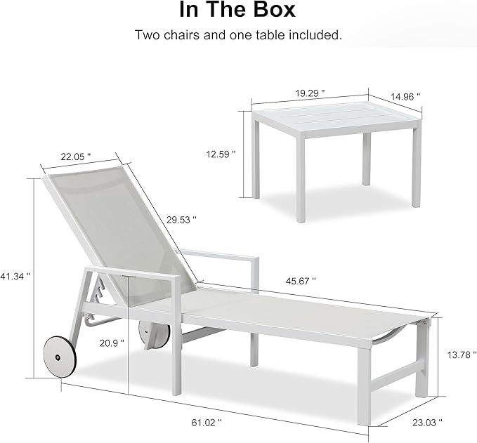 PURPLE LEAF Outdoor Lounge Chairs Set of 4 White Aluminum Chaise Lounge Chair Outdoor with Wheels and Armrest for Patio Deck Pool Side Table Include, Ivory