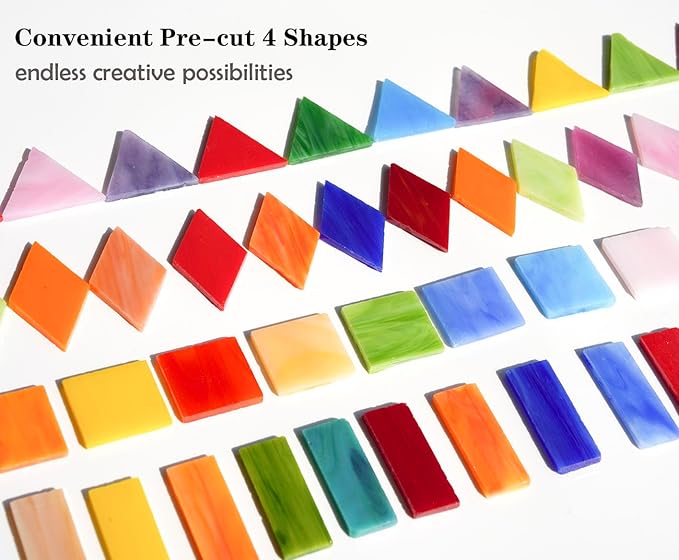 Lanyani Extra-Large Stained Glass Mosaic Tiles for DIY Crafts & Art Projects, 1.4lb Bulk Pack – 200 Pre-Cut Mosaic Glass Pieces, 4 Shapes, Vibrant Mixed Colors