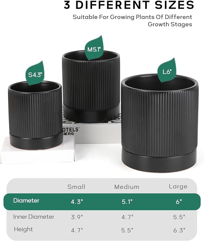 LaDoVita 3 Pack Ceramic Plant Pots 6/5/4 inch, Flowerpot for Indoor Plants with Drainage Holes and Tray, Outdoor Garden Planters, Modern Decorative for Home, Black Vertical Stripes