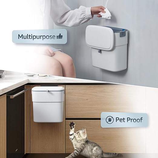 Hanging Trash Can with Lid, 2.3 Gallon Kitchen Garbage Bin Food Waste Container Convenient Durable Over Cabinet Door RV Counter Camping Cupboard Under Sink Compost Bathroom Wall Mounted