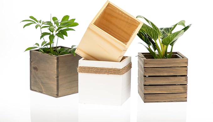 Wood Planter Box, 5 Inch Square, Rose Wood, Plastic Liner, Garden Centerpiece Display, Wedding Flowers Holder, Home and Venue Decor (5x5 Set of 4, Rose Wood)
