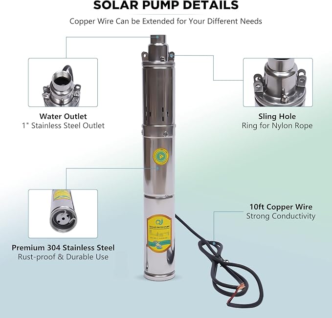 Submersible Deep Well Solar Water Pump DC 24V 370W Stainless Steel Agricultural Irrigation Screw Pump, 213ft Lift, 8.8GPM Flow, Solar Water Circulating System