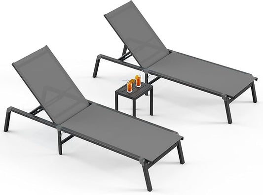 Pool Lounge Chairs Set of 3 (2 Chairs and 1 Side Table), Foldable Aluminum Chaise Lounge Outdoor with 5 Positions Recliner - Free Assembly - Patio Chaise Lounge Chair for Poolside, Yard