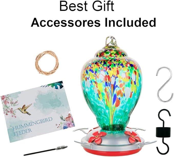 WOSIBO Hummingbird Feeder for Outdoors Patio Large 32 Ounces Colorful Hand Blown Glass Hummingbird Feeder with Ant Moat Hanging Hook, Rope, Brush and Service Card (Green)