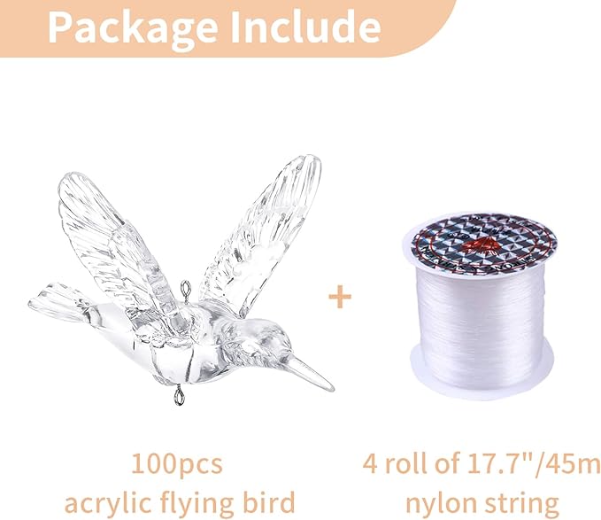 NUPTIO Crystal Ceiling Hanging Ornaments: 100 Pcs Acrylic Flying Birds for Wedding Party Window Garden Bedroom Outdoor Birthday - Christmas Tree Decorations with Transparent Line