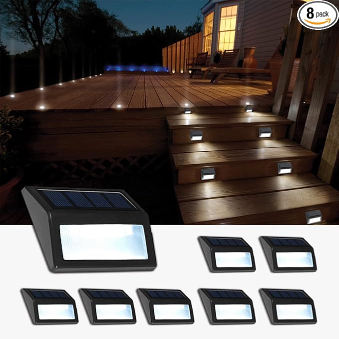 Solar Lights Outdoor, Waterproof Solar Powered Deck Step Lights for Patio Garden Backyard Garage Driveway Pathway Outside Wall Lighting (Cool White/8 Pack)