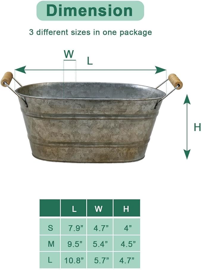 vensovo Galvanized Oval Planter Tubs for Outdoor Plants - Farmhouse Small Metal Tin Buckets with Drain Hole & Rubber Plug Medium Plant Containers with Handles Vintage Style for Decor, Set of 3
