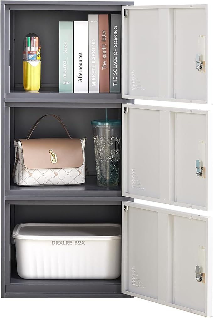 Student Locker Organizer, Multi-Door Steel Locker, Small Locking Cabinet Storage Organizer, Office File Cabinet, Home Locker, Gym Locker, Metal Storage Locker (3 Door, Gray & White)
