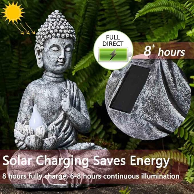 Solar Buddha Statue - Outdoor Zen Sculpture With Flickering LED Lotus Light - Waterproof Garden Decor Gift - 11.81 Inch