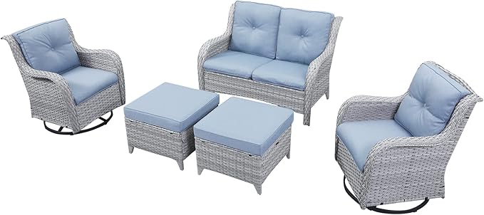 HUMMUH 5 Pieces Outdoor Furniture Patio Furniture Set Wicker Swivel Patio Chairs with 2 Seater Outdoor Sectional Sofa/Patio Loveseat with Ottomans(Light Grey/Light Blue)