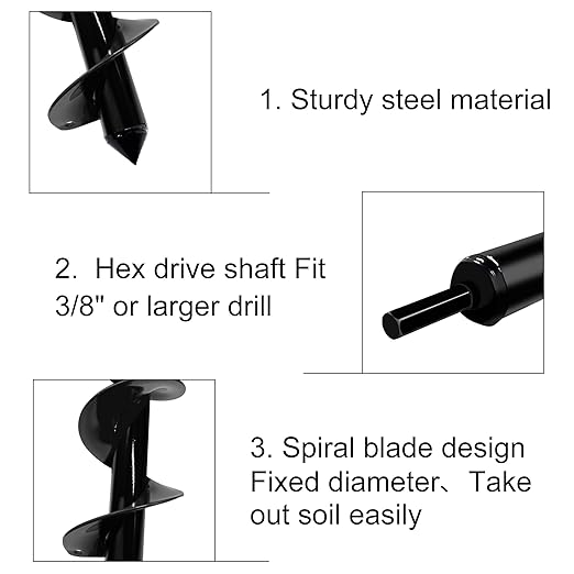 3PCS Auger Drill Bit Set for Planting, Bulb Planting, Garden Auger Spiral Drill Bit for 3/8 inch Hex Drive Drill
