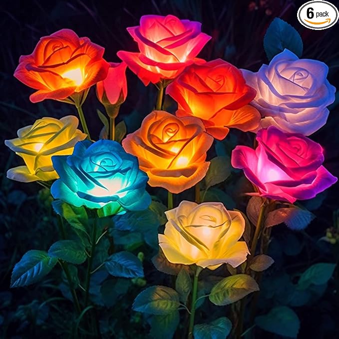 Solar Garden Lights, 6 Pack Solar Flowers Outdoor Waterproof with Rose, Garden Lights Solar Powered Waterproof, Solar Flower Lights, Solar Lights for Outside Yard Decorations Outdoor