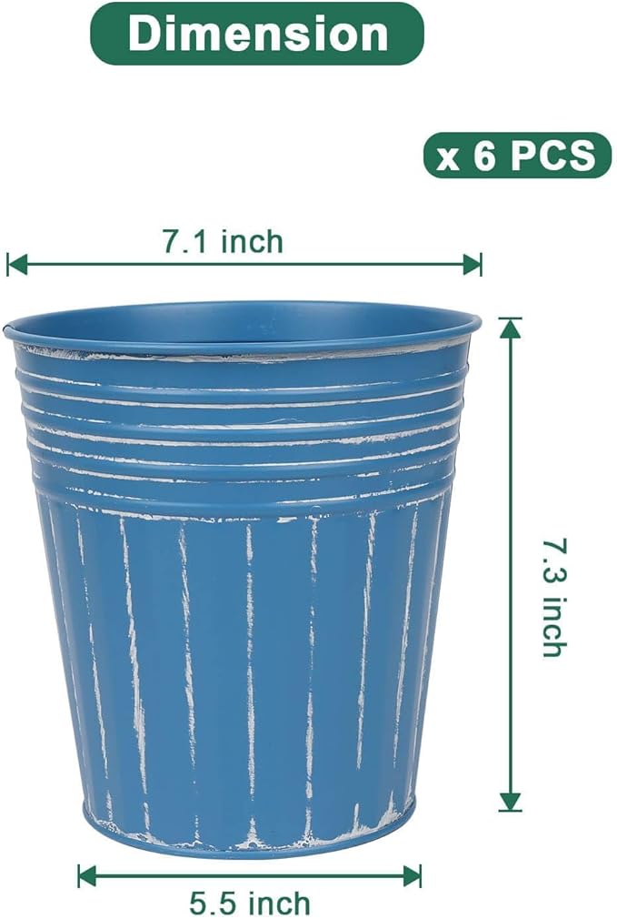 vensovo 7 Inches Blue Metal Rustic Flower Pots - 6 Pcs Medium Galvanized Planters with Drainage Hole and Rubber Plug, Rustproof Tin Bucket Plant Pot Farmhouse Vintage Style for Decor