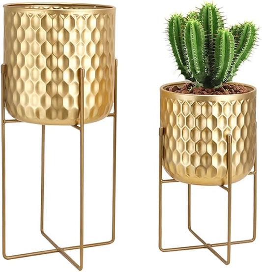 TRIROCKS Set of 2 Planters with Stand Indoor Outdoor Metal Plant Stand 8 * 18 &7 * 12 "Modern Planters Flower Pots for Living Room Corner Kitchen Office Garden Balcony Patio Decor(Gold)