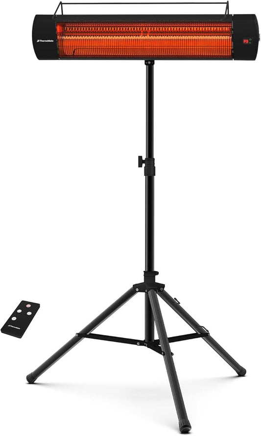 ThermoMate Infared Patio Heater for Outdoor with Tripod, Electric 1500W IP65 Waterproof with Remote, 3 Heating Levels & 24H Timer for Restaurant Backyard, Plug-in 120V Black