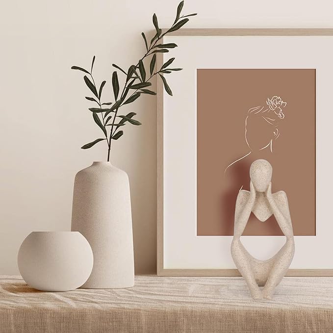 INNOLITES Boho Decor Thinker Statue Abstract Art Sculpture, Sandstone Resin Collectible Figurines for Home Living Room Office Shelf Decoration (Sandstone,Think)