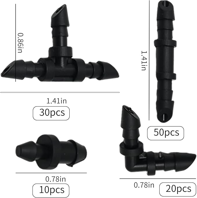 UOIENRT 110 PCS Irrigation Fittings, 1/4" Tubing with 50pcs Couplings, 20pcs Elbows, 30pcs Tees and 10pcs End Plugs for Drip or Sprinkler Systems