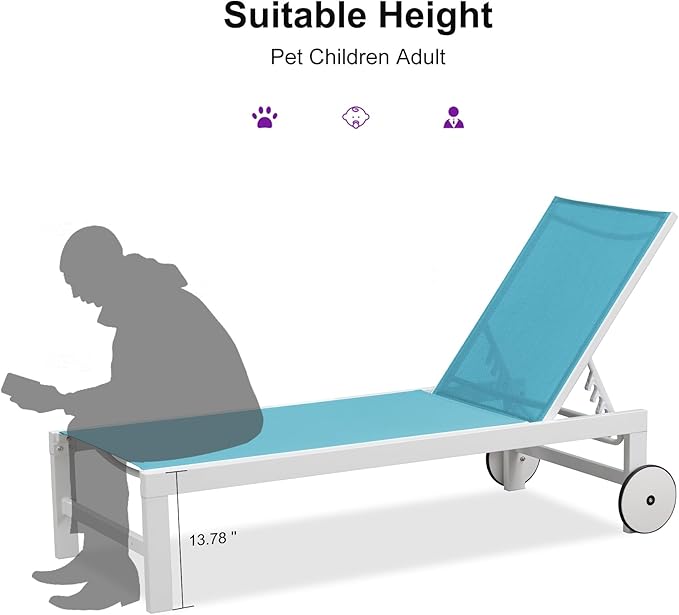 PURPLE LEAF Outdoor Chaise Lounge Set of 4 White Aluminum Lounge Chair Outdoor with Wheels Five-Position Adjustable Patio Lounge Chair for Pool Deck Yard, Turquoise