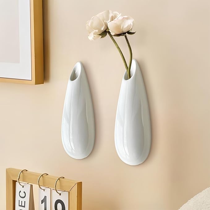 2 Pack White Ceramic Wall Vases,7.9 Inch Wall Hanging Plant Holder,Cubicle Modern Decor Plant Holder Vase for Indoor Plants, Hanging Propagation Flower Pots for Air Vases