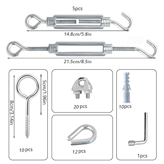 M6 Turnbuckles for Cables Wire Kit, 1/8" PVC Coated Steel Cable Kit w/ 7×7 Strand Core & 100Ft Wire Rope Tensioner Strainer for String Light Hanging/Deck Stair Railings/Shade Sail/Clothes Line