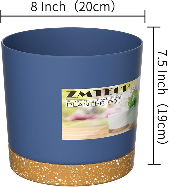 ZMTECH Plant Pots, Set of 3 8'' Self Watering Plastic Planter with Drainage Hole and Saucer, Modern Decorative Flower Pot for Indoor Outdoor House Plants, Succulents, Flowers - Blue