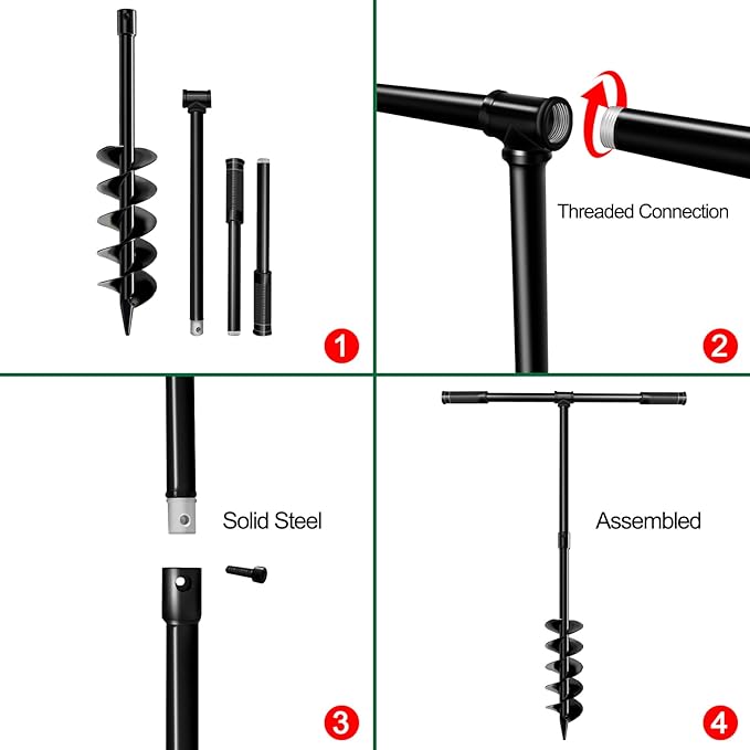 LONGRUN Hand Drill Auger Post Hole Digger, Manual Garden Hole Digging Drill Bit for Planting, Spiral Drill Planter for Bulb, Flower, Tree, Seedlings, Bedding Plants, Umbrella, Fence Holes-4"x 38"