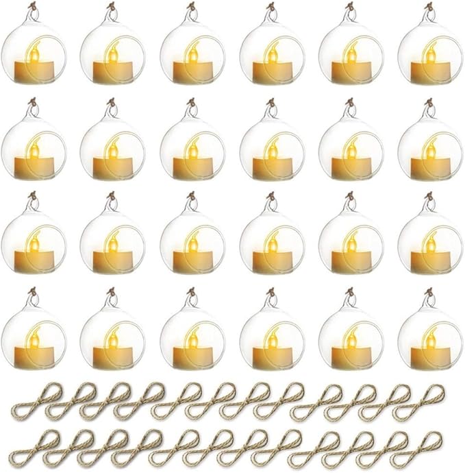 Sziqiqi Hanging Glass Globes Orbs Tea Light Candle Holders with Flameless LED Tealight for Wedding Ornaments, Wedding Birthday Christmas Party Centerpiece Accessory 2.36inch 20pcs +4 Extra