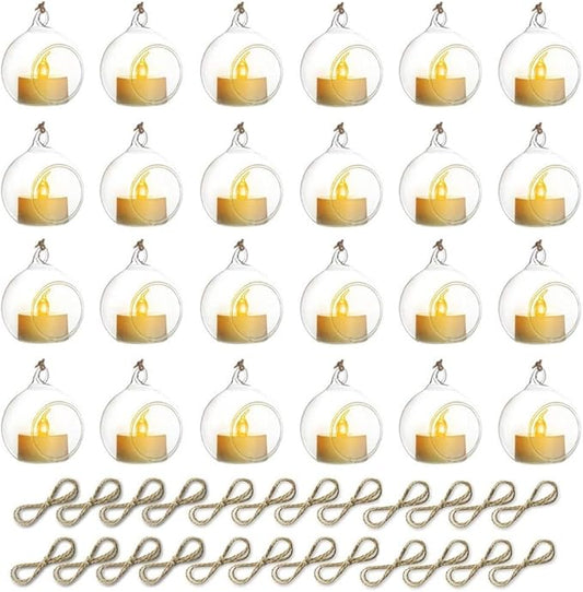 Sziqiqi Hanging Glass Globes Orbs Tea Light Candle Holders with Flameless LED Tealight for Wedding Ornaments, Wedding Birthday Christmas Party Centerpiece Accessory 2.36inch 20pcs +4 Extra