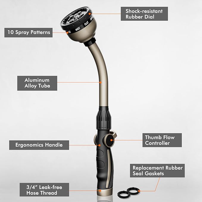 RESTMO Watering Wand Heavy Duty, Metal Garden Hose Wand with 10 Spray Patterns, 15-Inch Long Hose Nozzle Sprayer with Thumb Flow Control, Ideal to Water Hanging Baskets and Shrubs
